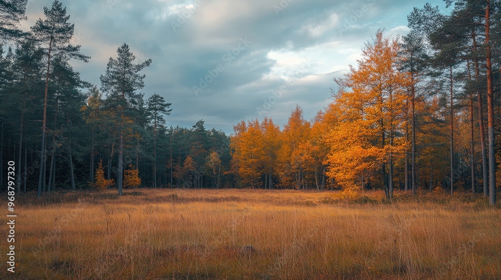 Fototapeta premium Golden autumn forest landscape with colorful yellow trees and cloudy sky