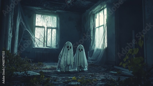 Two Ghostly Figures in a Decaying Room with Cobwebs