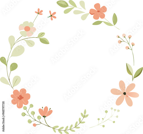 Watercolor floral wreath with tiny cute flower. Abstract round frame with flowers and leaves