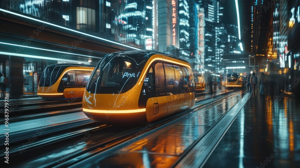 Fototapeta premium Futuristic Train in a Neon-Lit City at Night