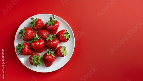 Vibrant strawberries on a white plate against a bold red background, a fresh and inviting flat lay with ample copy space