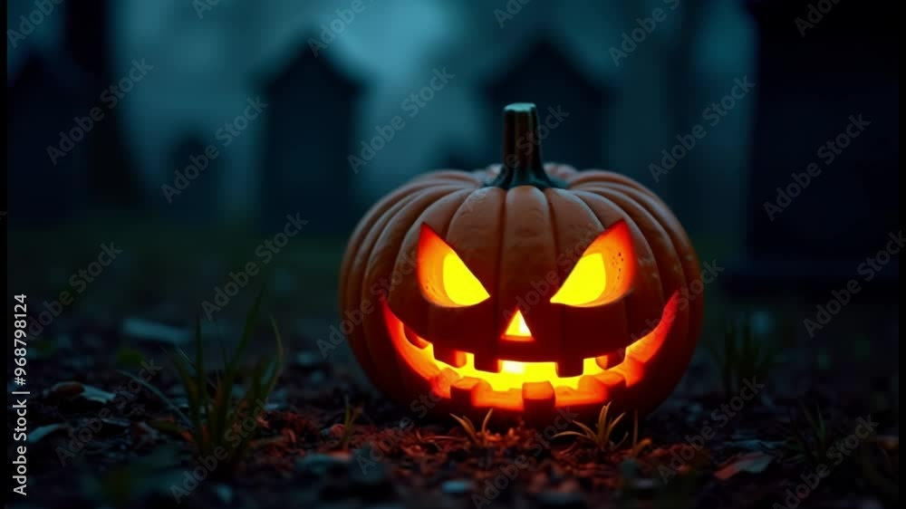 A Jack O lantern on the soil of a creepy cemetery at night, copy space on a side - Halloween A Jack O lantern on the soil of a creepy cemetery at night, copy space on a side - Halloween