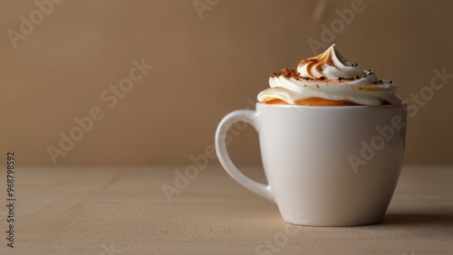 cappuccino, cappuccino coffee mug on beige monochrome background