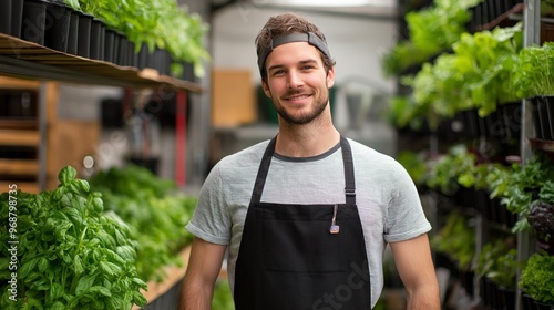 Portrait of an urban farmer working among vibrant plants in a bustling urban garden photo