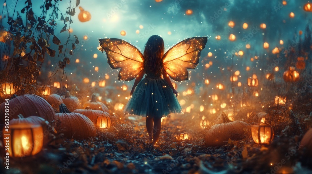 Fototapeta premium A Fairy with Glowing Wings Standing Among Pumpkins and Lights