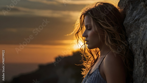 Female Portrait Golden Sunset Serene Reflection Tranquil Horizon Warm Light Contemplative