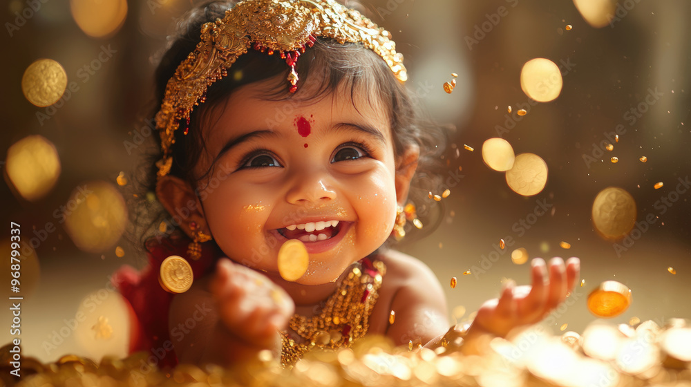 A joyful baby Lakshmi is showering golden coins, radiating happiness and delight. scene is filled with shimmering coins, creating magical atmosphere A joyful baby Lakshmi is showering golden coins, radiating happiness and delight. scene is filled with shimmering coins, creating magical atmosphere