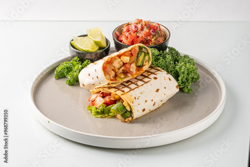 Фотография Fresh and delicious chicken wrap with vegetables served on a plate with salsa, broccoli, and lime wedges