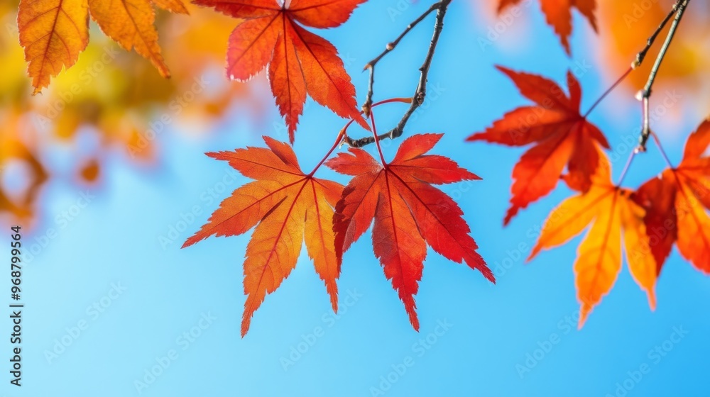 Vibrant Red and Orange Maple Leaves Against a Blue Sky Vibrant Red and Orange Maple Leaves Against a Blue Sky