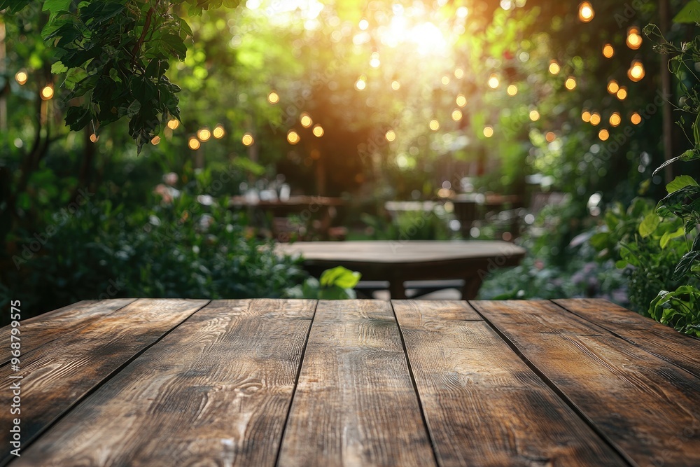 Empty wooden table showing outdoor restaurant in the background with string lights Empty wooden table showing outdoor restaurant in the background with string lights