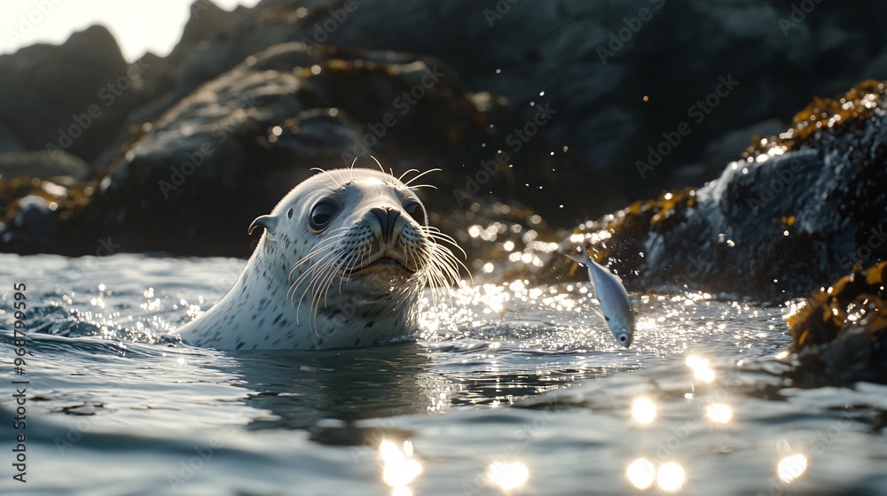 Naklejka premium A curious seal with spots, poking its head out of the water, looking at a fish that is swimming by, with the sun glinting off the water.