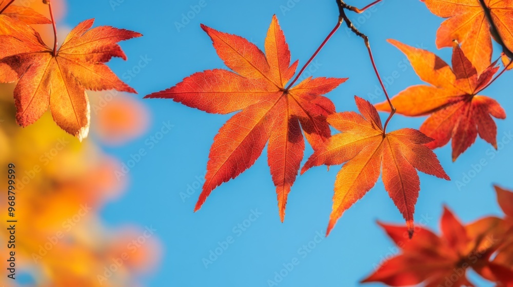 Vibrant Red and Orange Autumn Maple Leaves Against a Blue Sky Vibrant Red and Orange Autumn Maple Leaves Against a Blue Sky