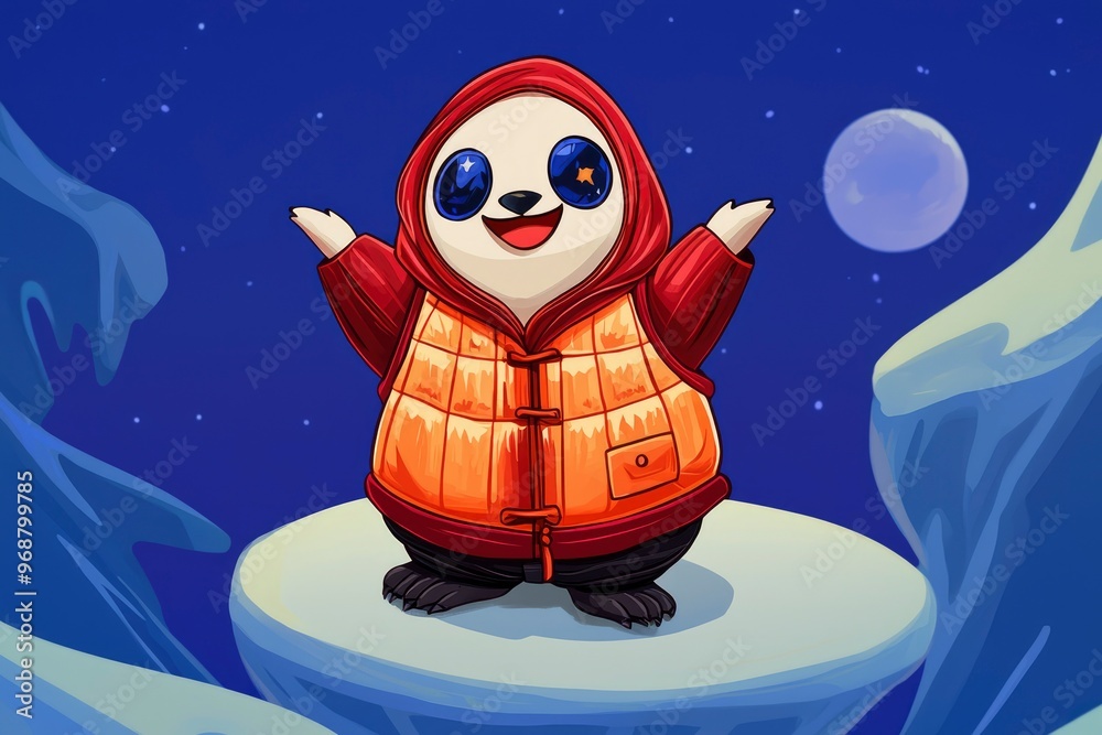 Naklejka premium Cute Panda in Red Hoodie on a Snowy Mountaintop