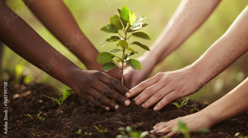 Planting young tree together symbolizes unity and hope for greener future. Hands of different backgrounds come together to nurture life and promote environmental awareness