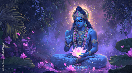 A serene illustration of Lord Vishnu sitting gracefully on lotus, surrounded by vibrant flowers and lush greenery, radiating tranquility and divine energy