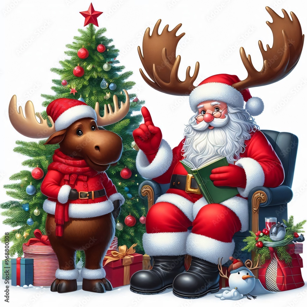 Santa Claus Reading with Reindeer and Christmas Tree Santa Claus Reading with Reindeer and Christmas Tree