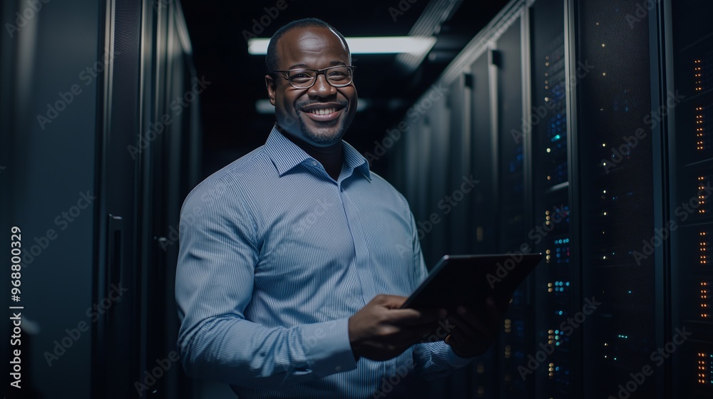 Fototapeta premium African American businessman with a digital tablet standing in a dark server room