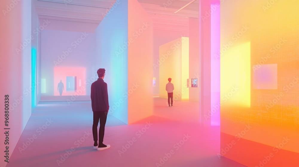 High-quality, minimalist, bright and creative illustrations of digital art installations in a public space, with interactive displays and vibrant High-quality, minimalist, bright and creative illustrations of digital art installations in a public space, with interactive displays and vibrant