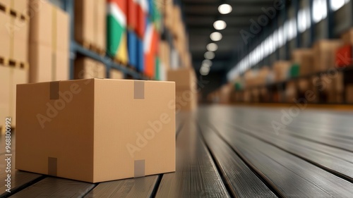 A busy fulfillment center with goods ready to be shipped to different countries, representing global e-commerce logistics, fulfillment center, worldwide shipping