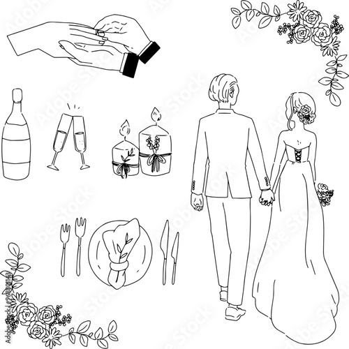 ウェディングのお洒落な線画アイコンイラスト