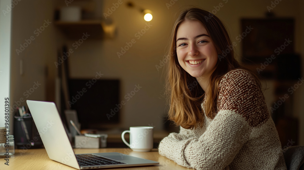 smiling young woman sitting at a table with a laptop and coffee cup smiling young woman sitting at a table with a laptop and coffee cup