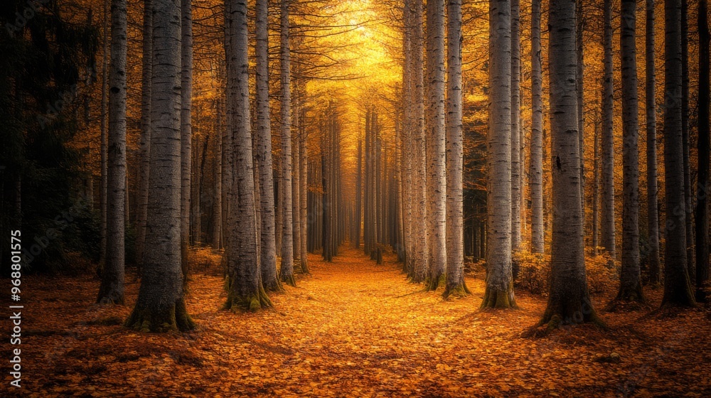 Fototapeta premium Sunlit Path Through Golden Autumn Forest
