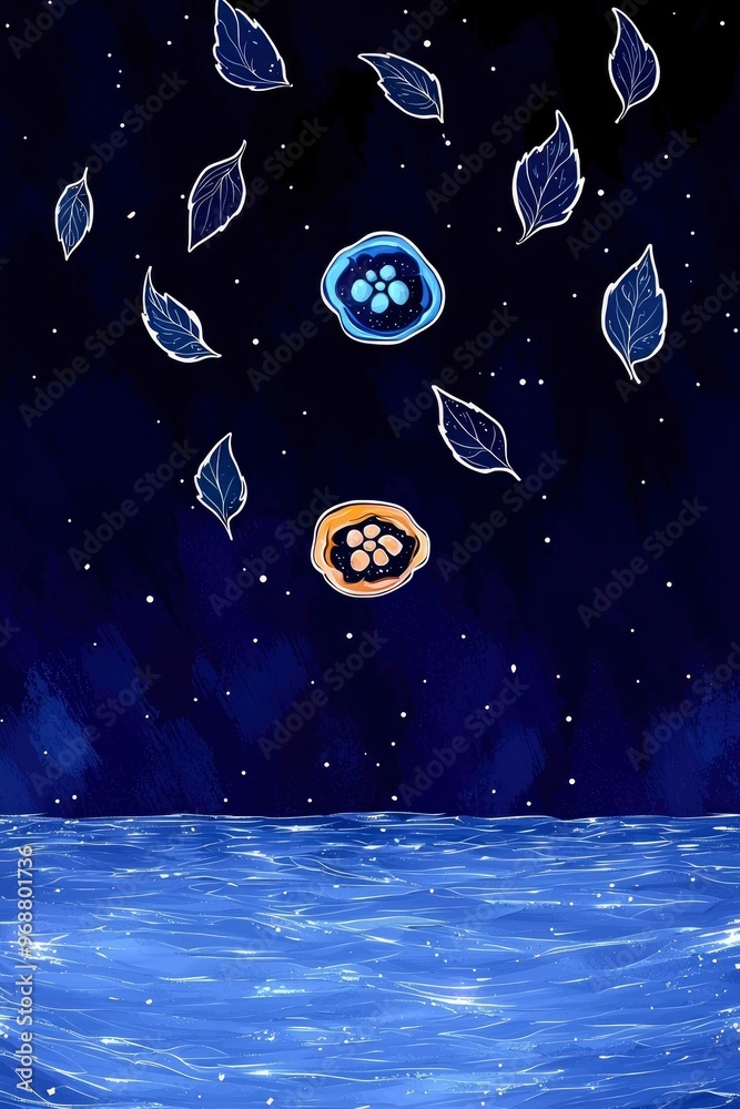 Naklejka premium Night Sky Over Calm Ocean With Glowing Flowers