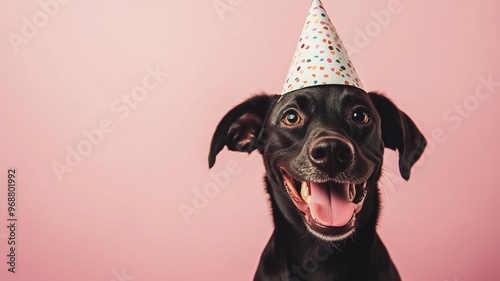 Happy Birthday card with a joyful, smiling dog wearing a festive party hat, on a solid color background. Playful and celebratory moment. photo