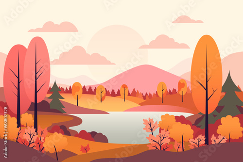 Colorful autumn natural landscape. Beautiful landscape of colorful mixed forest, bushes, plants, lake and mountains in the autumn season. Autumn vector illustration.