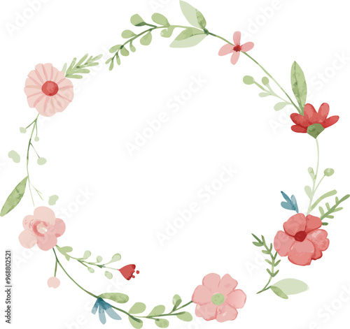 Watercolor floral wreath with tiny cute flower. Abstract round frame with flowers and leaves