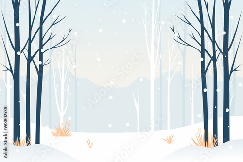 Beautiful winter forest landscape in snowy weather, trees, snowdrifts, winter nature for design. Christmas vector illustration for print, card, banner, poster.
