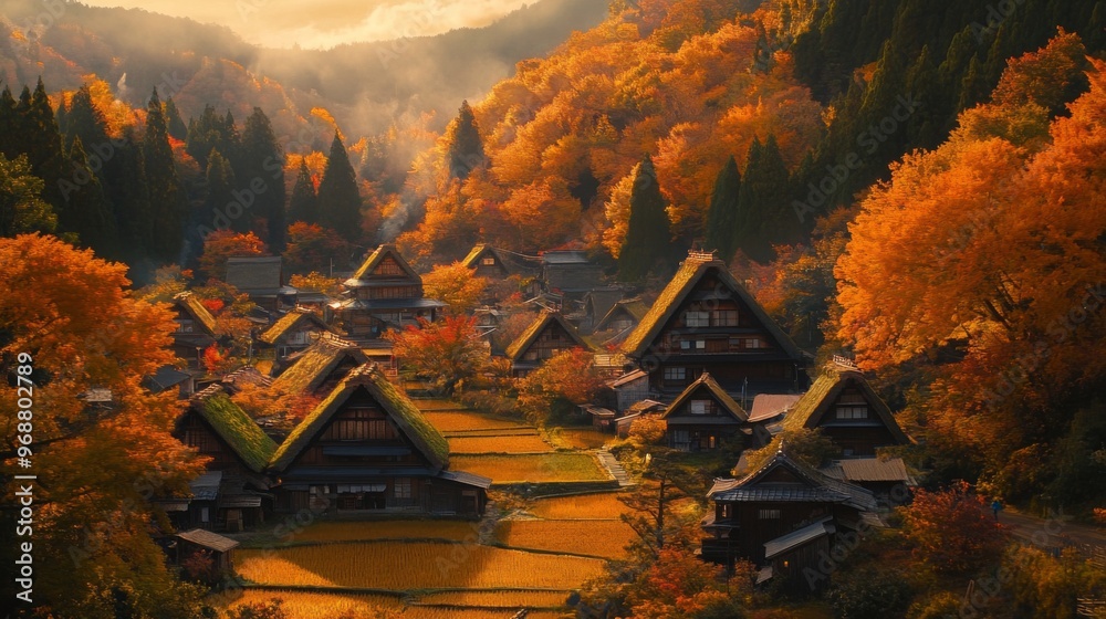 Fototapeta premium Traditional Japanese Village Nestled in Golden Autumn Foliage