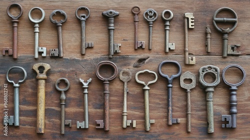 Collection of Antique Keys on Wooden Surface