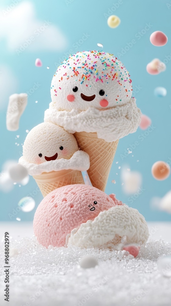 Anthropomorphic ice cream scoops interacting on a bed of crushed ice. Anthropomorphic ice cream scoops interacting on a bed of crushed ice.