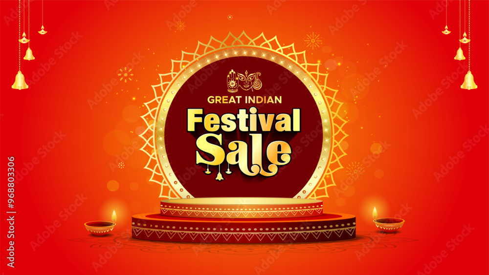 Festive background with Podium for Navratri, Durga puja, dussehra dhanteras diwali sale, offer deal. Golden stage, luxury vintage, template, ornament, diya, lights lantern sparkle and crackers design.