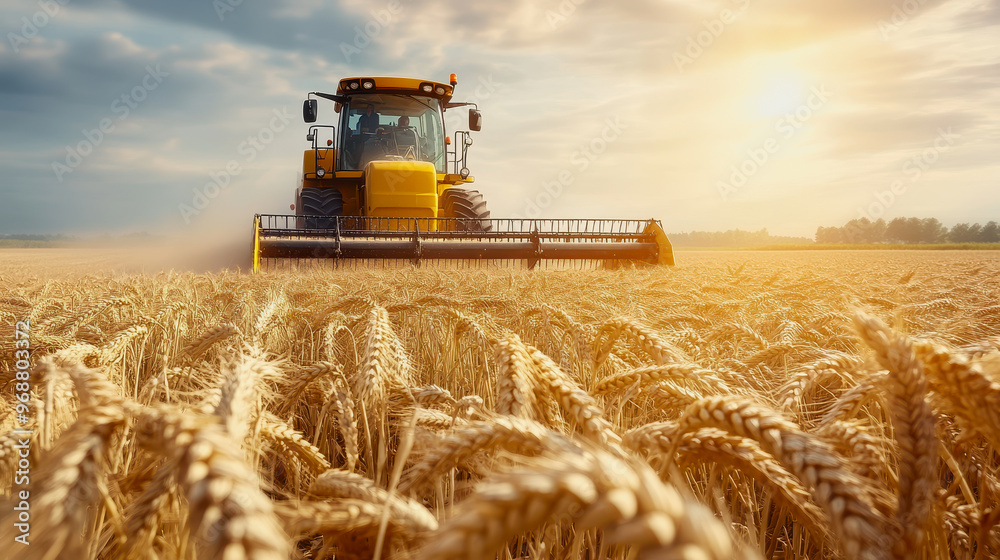 Fototapeta premium Wheat field at harvest with sunlight, golden stalks, and a distant harvester in the background
