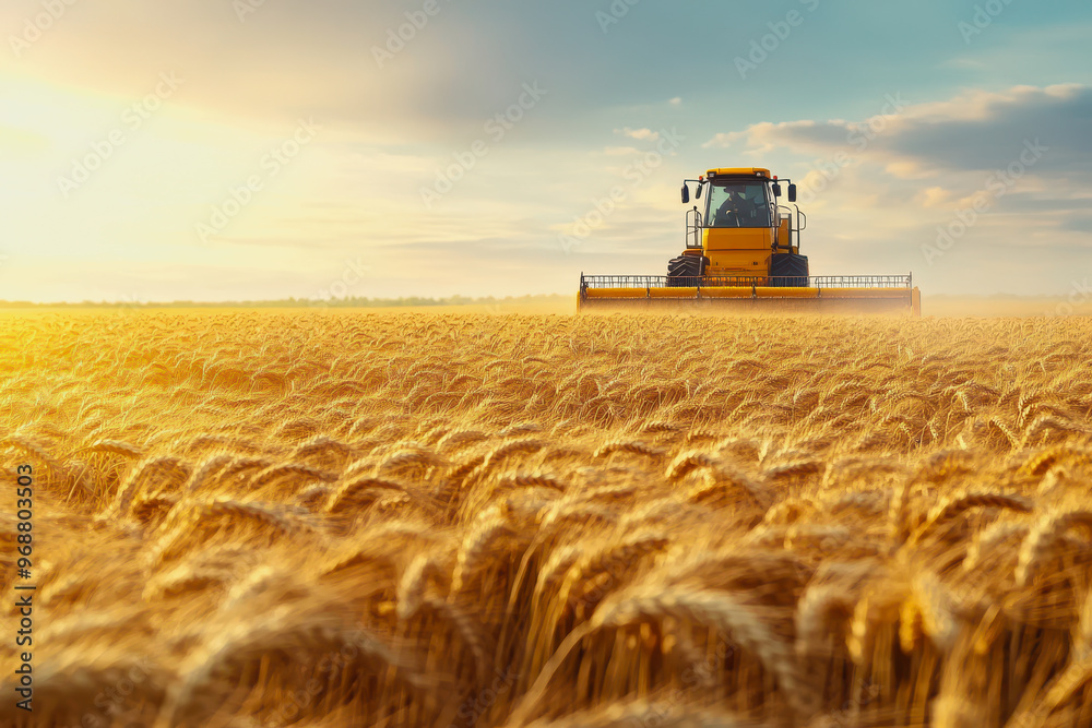 Fototapeta premium Wheat field at harvest with sunlight, golden stalks, and a distant harvester in the background
