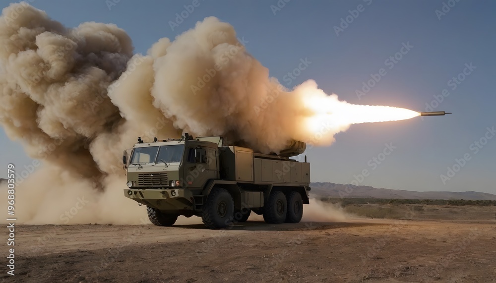 Fototapeta premium Rocket Launcher Firing Missile from Wheeled Chassis