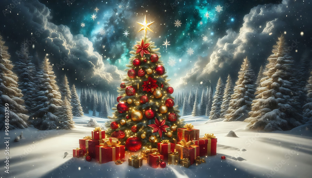 Obraz premium A beautifully decorated christmas tree adorned with red and gold ornaments and topped with a bright star stands in a snowy landscape