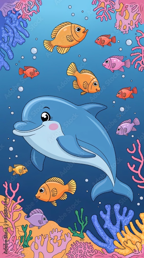 A dolphin and colorful fishes swimming in a vibrant coral reef. A dolphin and colorful fishes swimming in a vibrant coral reef.