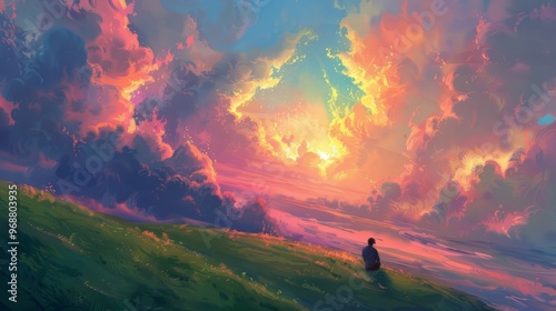 a painter was sitting on the edge of green hills looking at the colorful evening sky with wavy clouds and sunlight creeping between the gaps in the clouds.