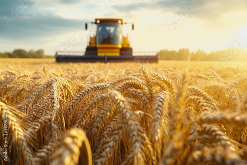 Wheat field at harvest with sunlight, golden stalks, and a distant harvester in the background photo