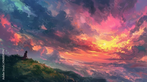 a painter was sitting on the edge of green hills looking at the colorful evening sky with wavy clouds and sunlight creeping between the gaps in the clouds.