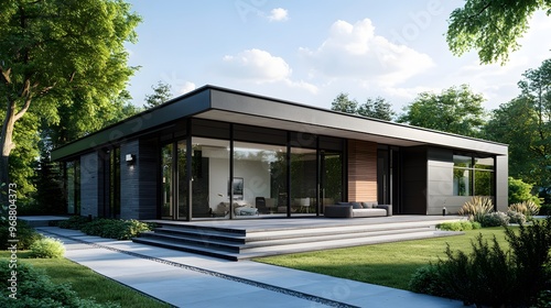 A stylish modern bungalow featuring cool colors, a flat roof, and an open-concept floor plan, surrounded by minimalist landscaping