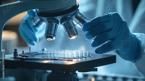 Close-up of scientist's hands in blue gloves working with test tubes