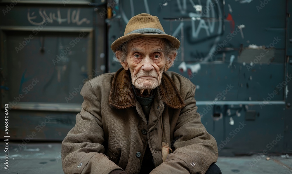 homeless man sitting alone on the pavement, with a bleak urban background symbolizing hardship. homeless man sitting alone on the pavement, with a bleak urban background symbolizing hardship.