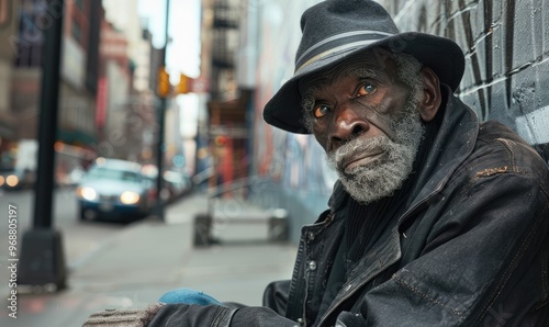 homeless man sitting alone on the pavement, with a bleak urban background symbolizing hardship. photo