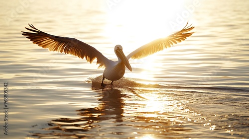 A pelican takes off from a lake at sunset with its wings spread wide.