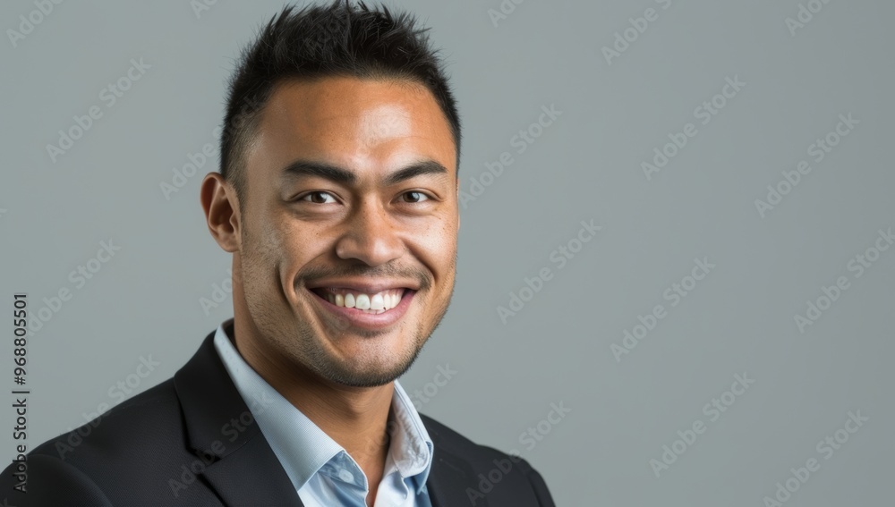 Attractive, smiling young Maori man with short hair in business attire, looking at the camera against a gray background. Attractive, smiling young Maori man with short hair in business attire, looking at the camera against a gray background.