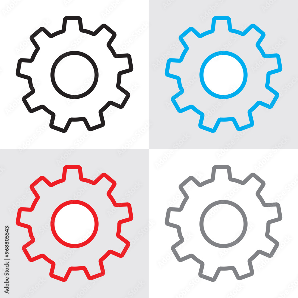 Gear setting vector icon set. Isolated black gears mechanism and cog wheel on white background. Progress or construction concept. Cogwheel icons UI vector. Gear setting vector icon set. Isolated black gears mechanism and cog wheel on white background. Progress or construction concept. Cogwheel icons UI vector.